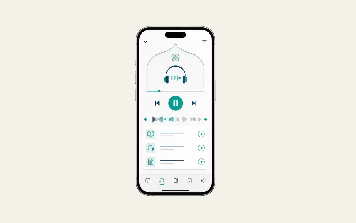 Reproductor de audios nativos e interfaz móvil de Al Basit